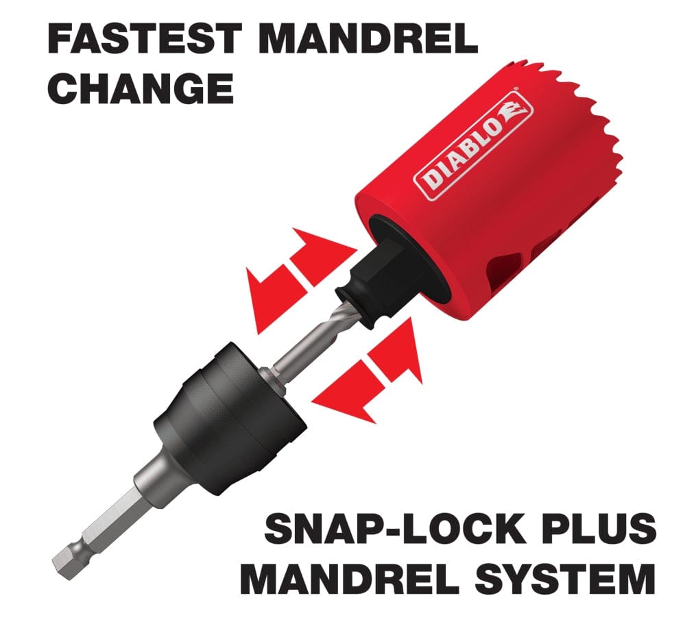Close-up of a red Diablo hole saw attached to a black mandrel, with arrows highlighting the Snap-Lock Plus system.