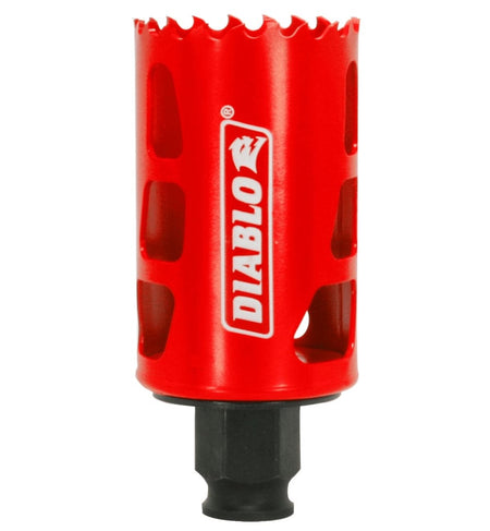 Studio product shot of the Diablo 1-11/16 inch Bi-Metal Hole Saw, featuring a red cylindrical body with the white Diablo logo and vertical side slots for plug removal.