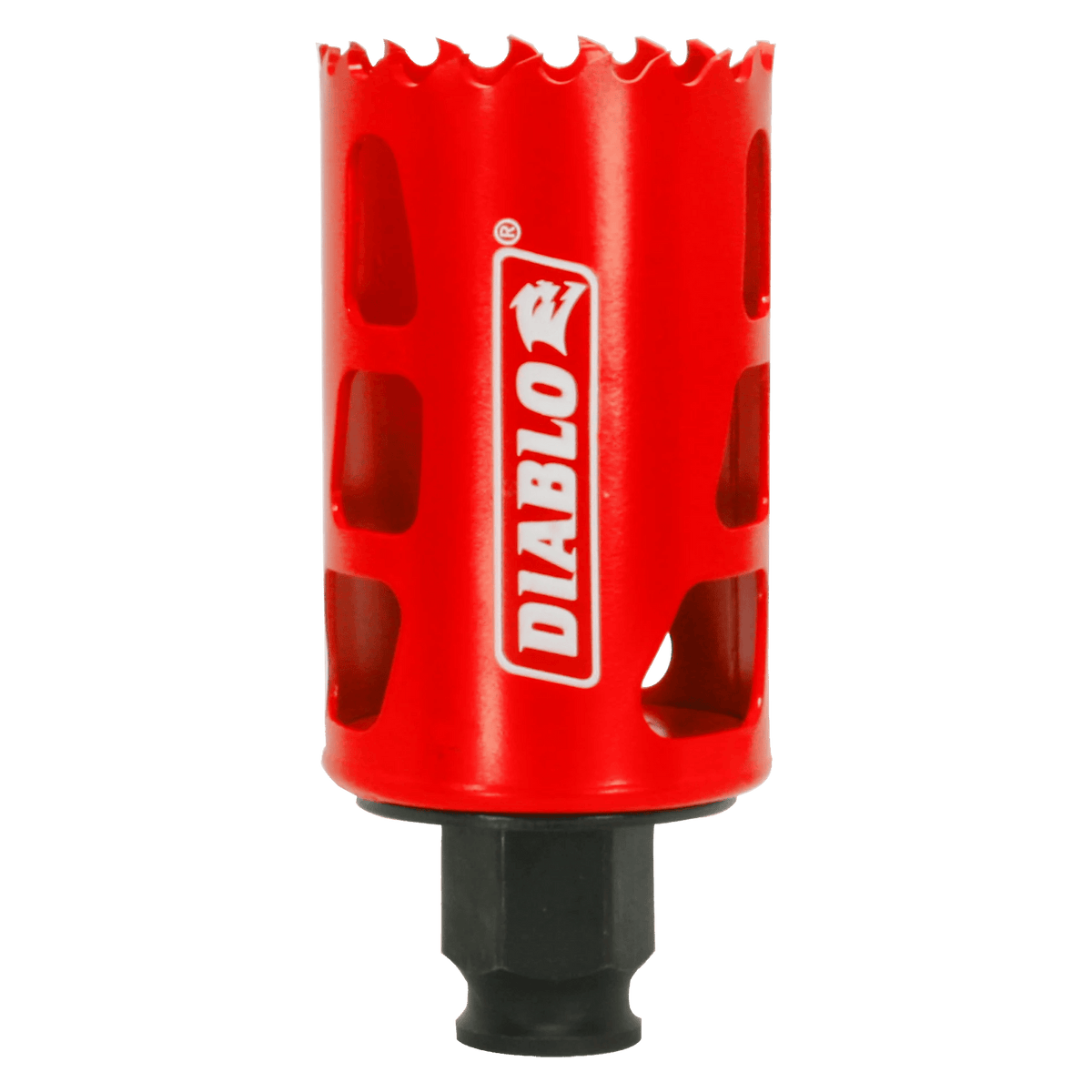 Studio product shot of the Diablo 1-11/16 inch Bi-Metal Hole Saw, featuring a red cylindrical body with the white Diablo logo and vertical side slots for plug removal.