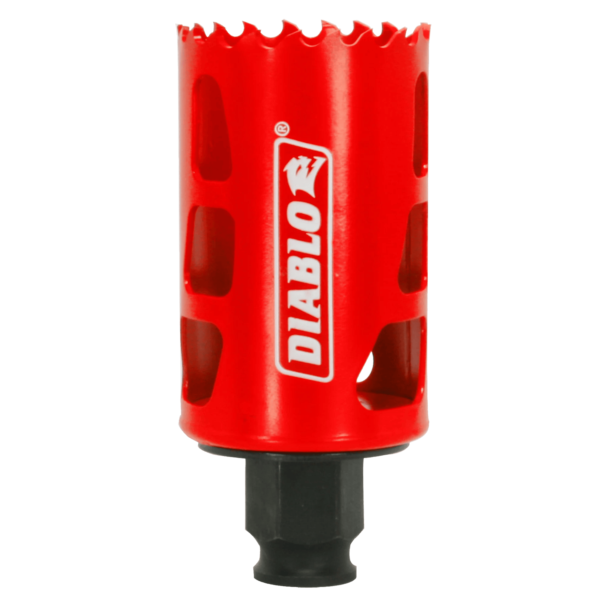 Studio product shot of the Diablo 1-11/16 inch Bi-Metal Hole Saw, featuring a red cylindrical body with the white Diablo logo and vertical side slots for plug removal.