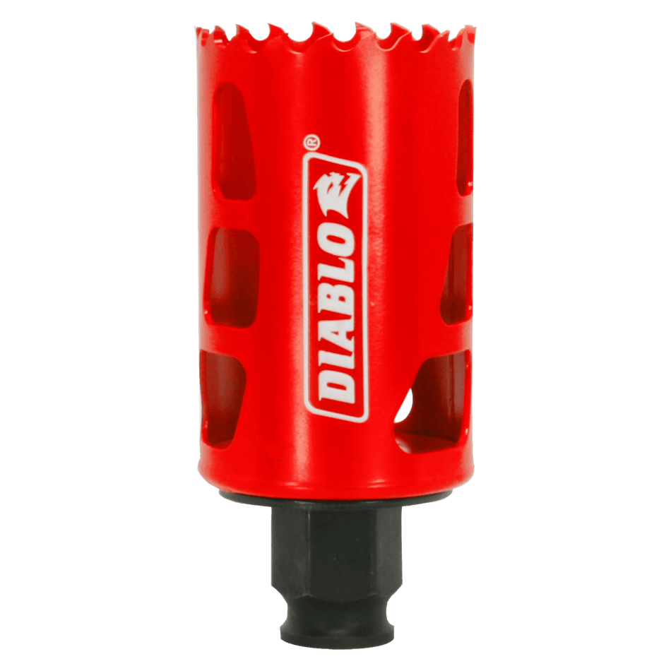 Studio product shot of the Diablo 1-11/16 inch Bi-Metal Hole Saw, featuring a red cylindrical body with the white Diablo logo and vertical side slots for plug removal.