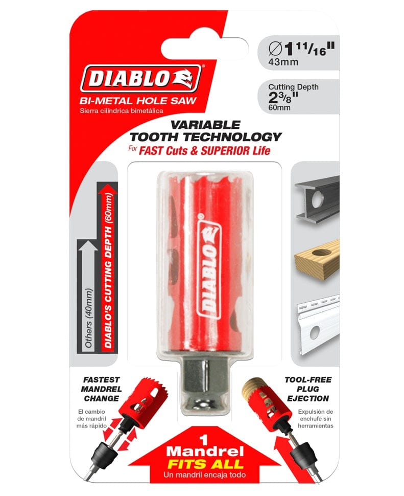 Retail packaging for the Diablo 1-11/16 inch Bi-Metal Hole Saw, highlighting Variable Tooth Technology, a 2-3/8 inch cutting depth, and compatibility with the Snap-Lock Plus mandrel system.