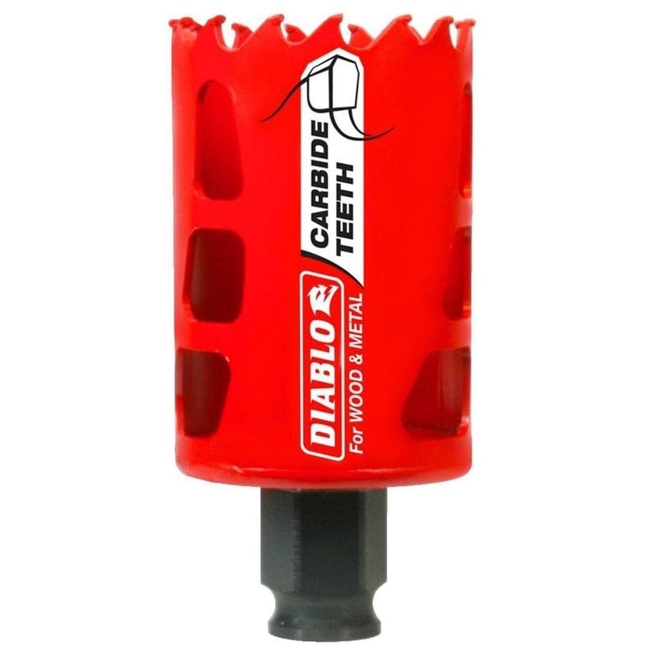 A professional studio shot of the Diablo 1-3/4 inch carbide teeth hole saw, featuring its bright red cylindrical body with vertical ejection slots and high-performance carbide teeth.