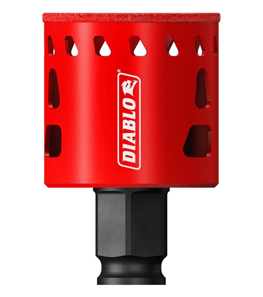 Studio product shot of the Diablo 1-3/4 inch Diamond Grit Hole Saw, displaying the red cylindrical body, diamond-coated rim, and black Snap-Lock Plus connection shank.