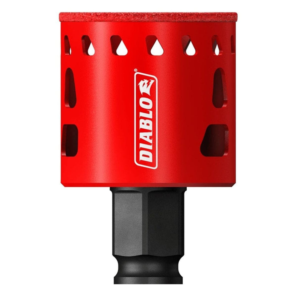 Studio product shot of the Diablo 1-3/4 inch Diamond Grit Hole Saw, displaying the red cylindrical body, diamond-coated rim, and black Snap-Lock Plus connection shank.