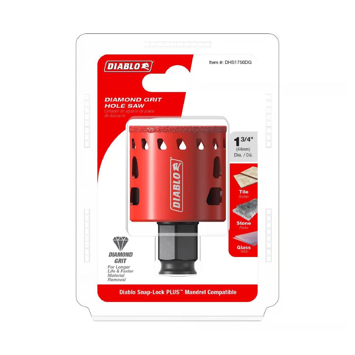 Retail packaging for the Diablo Diamond Grit Hole Saw, featuring the red tool in a clear blister pack with icons indicating suitability for tile, stone, and glass applications.