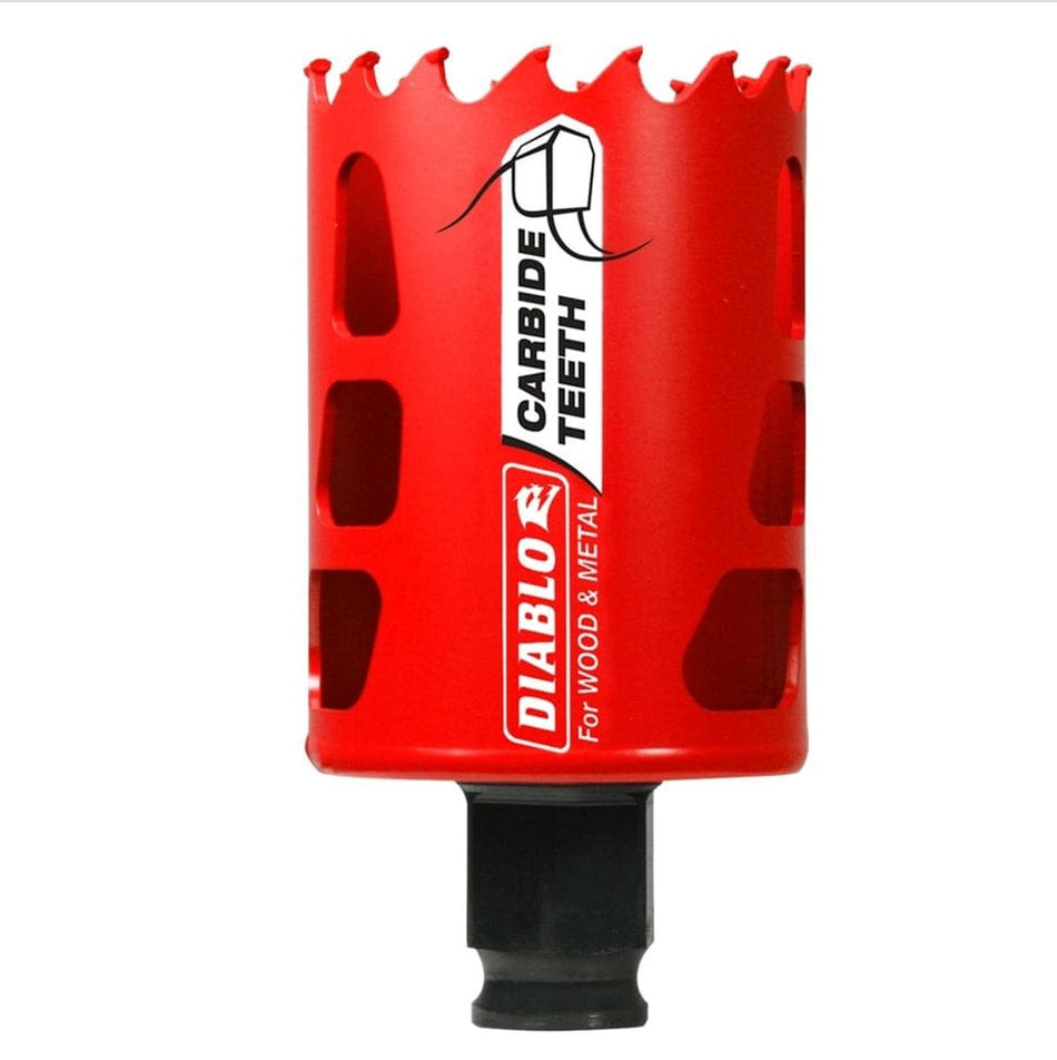 A studio product shot of the Diablo DHS1875CT 1-7/8 Inch Carbide Teeth Hole Saw. The tool features a bright red body with carbide teeth along the rim and vertical ejection slots.
