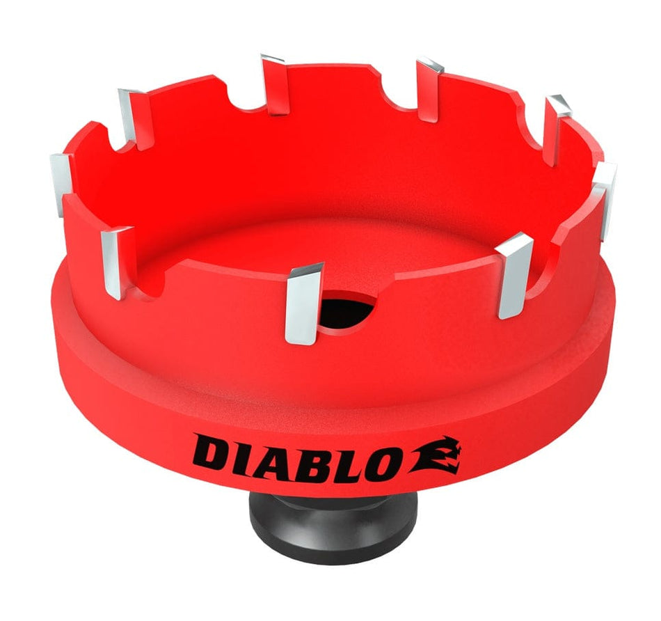 Studio shot of the Diablo 2-inch hole cutter standing upright, featuring a red body with carbide teeth and a black Snap-Lock Plus compatible shank.