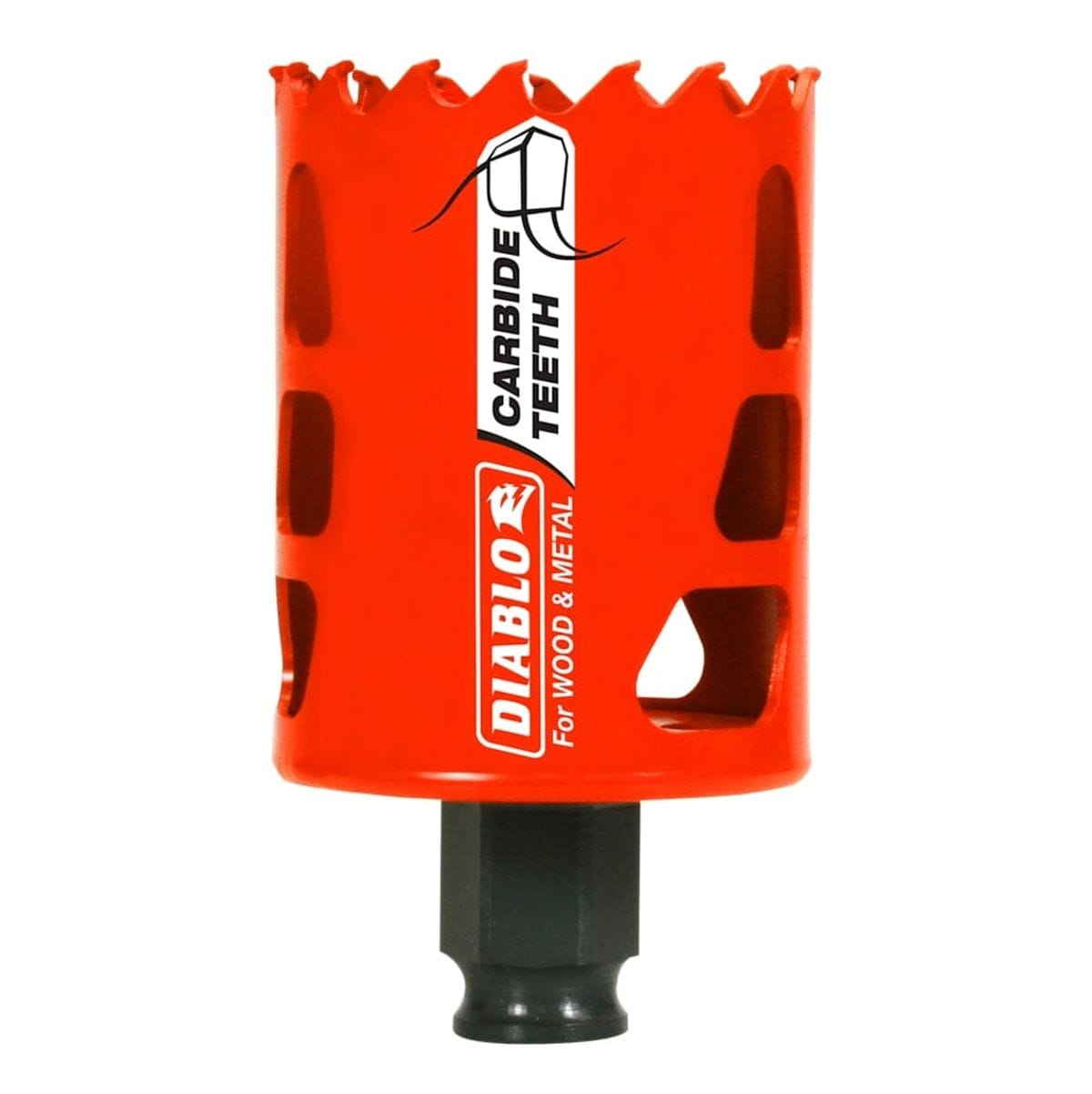 A professional studio shot of the [Diablo DHS2000CT 2-inch Carbide Teeth Hole Saw](cite: 1.1, 1.2). The tool features a vibrant red cylindrical body with vertical ejection slots and high-performance carbide-tipped teeth.