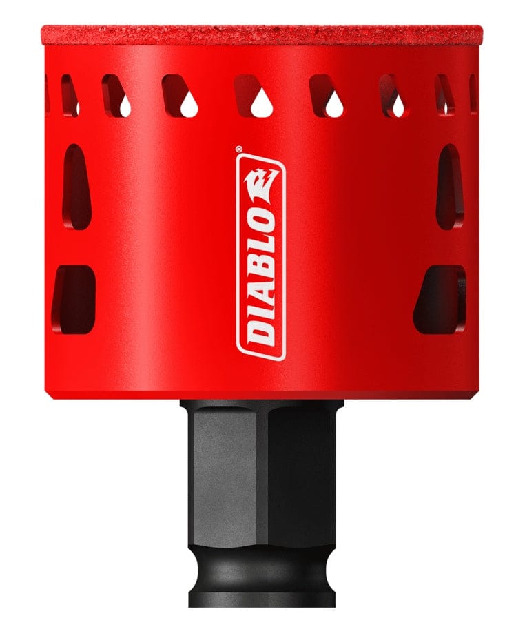 A studio shot of the Diablo 2-inch diamond grit hole saw featuring a bright red body with multiple teardrop-shaped and rectangular ejection slots, a continuous diamond grit cutting edge, and a black hex shank at the base.