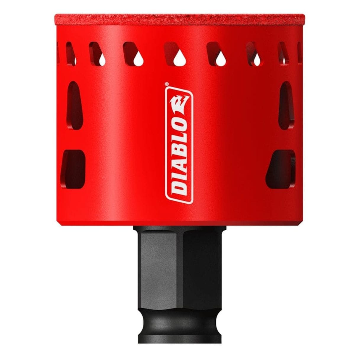 A studio shot of the Diablo 2-inch diamond grit hole saw featuring a bright red body with multiple teardrop-shaped and rectangular ejection slots, a continuous diamond grit cutting edge, and a black hex shank at the base.