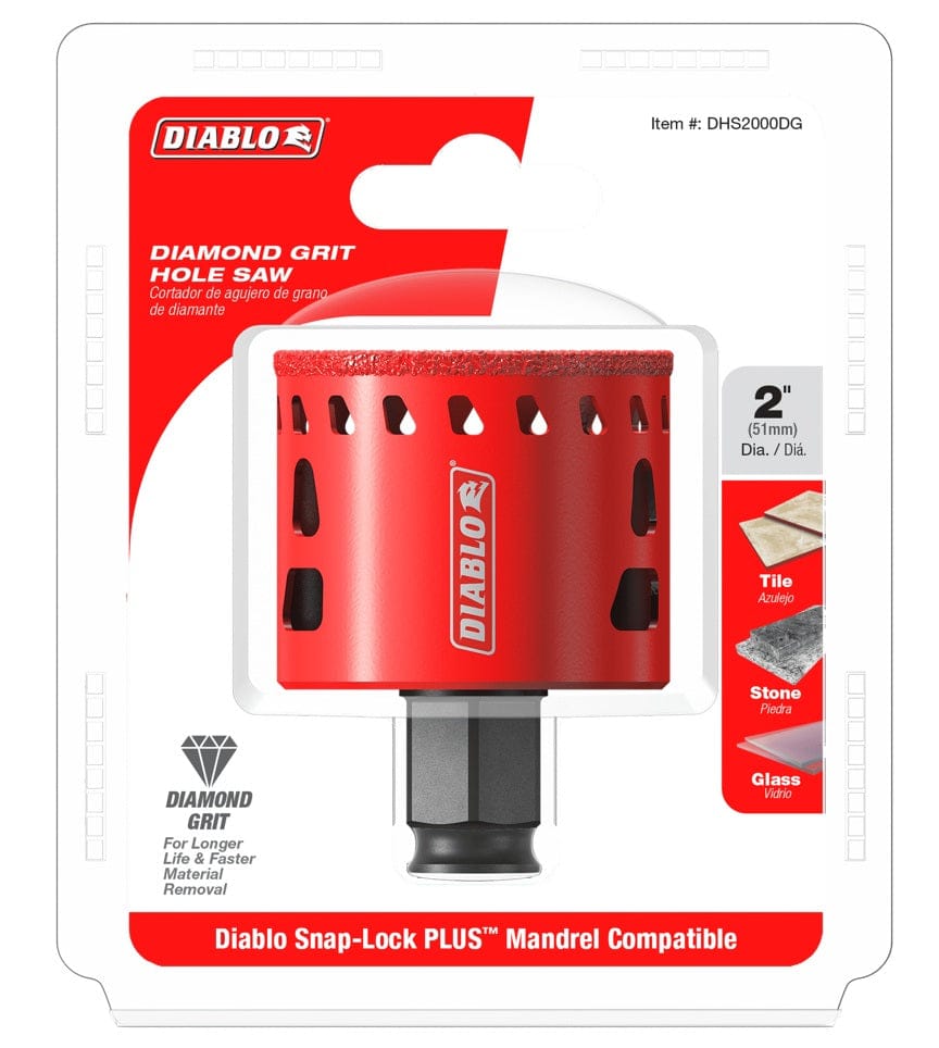 The retail packaging for the Diablo 2-inch diamond grit hole saw, displaying the red hole saw through a clear plastic shell with text highlighting its compatibility with the Snap-Lock PLUS mandrel system and its suitability for tile, stone, and glass.