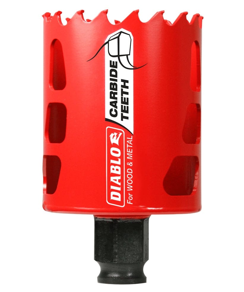 A professional studio shot of the Diablo 2-1/8 inch carbide teeth hole saw. The tool features a bright red cylindrical body with vertical ejection slots, carbide-tipped teeth along the top rim, and a black base for mandrel attachment.