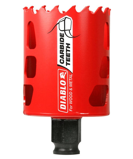 A professional studio shot of the Diablo 2-1/8 inch carbide teeth hole saw. The tool features a bright red cylindrical body with vertical ejection slots, carbide-tipped teeth along the top rim, and a black base for mandrel attachment.