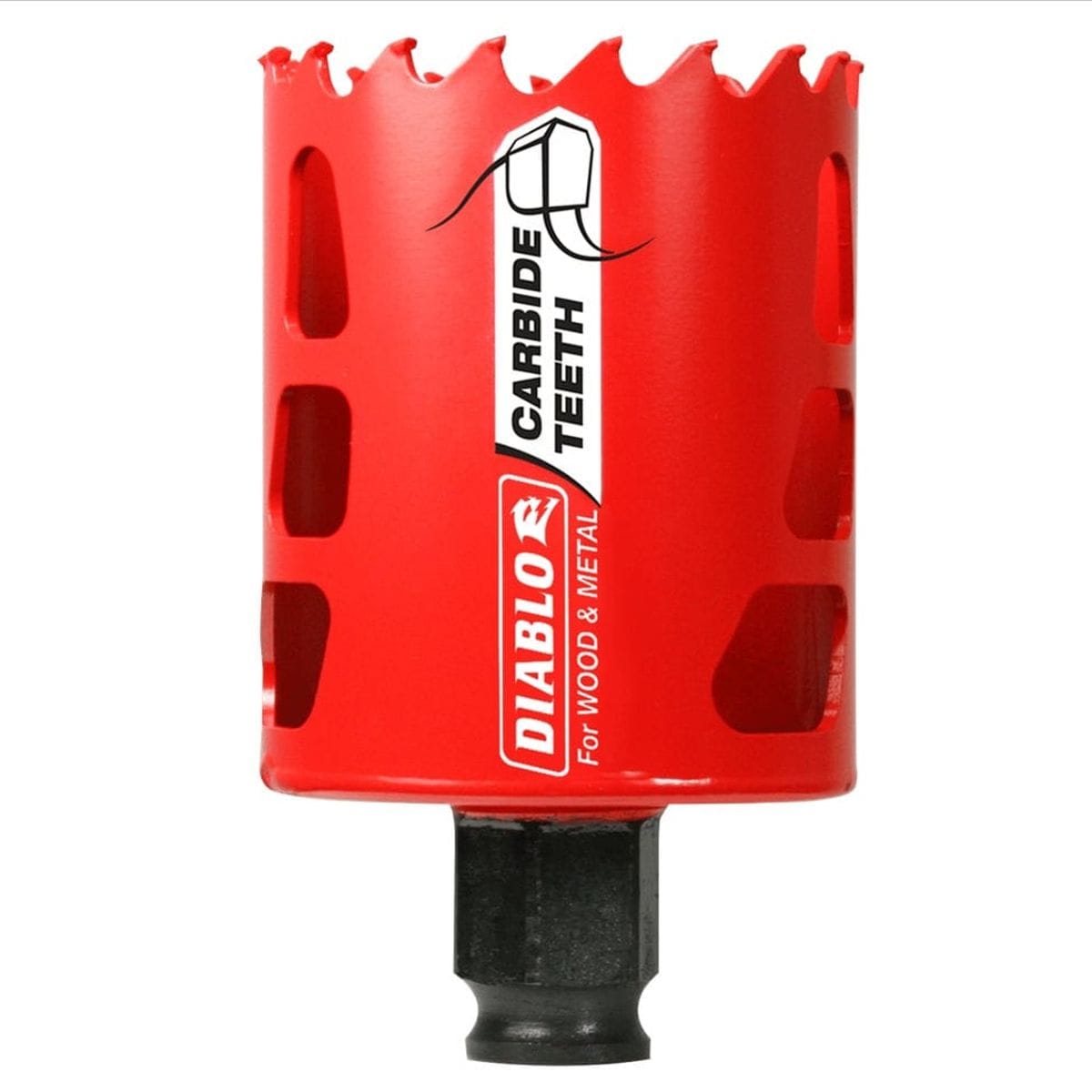 A professional studio shot of the Diablo 2-1/8 inch carbide teeth hole saw. The tool features a bright red cylindrical body with vertical ejection slots, carbide-tipped teeth along the top rim, and a black base for mandrel attachment.