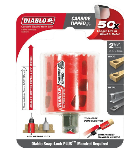 Retail packaging for the Diablo 2-1/8 inch carbide teeth hole saw. The clear clamshell packaging highlights features such as 50x longer life in wood and metal, 40% deeper cuts, and tool-free plug ejection.