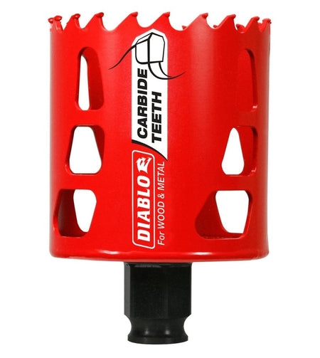 A professional studio shot of the Diablo 2-3/8 inch carbide teeth hole saw, showcasing its bright red cylindrical body with multiple ejection slots and carbide teeth along the rim.