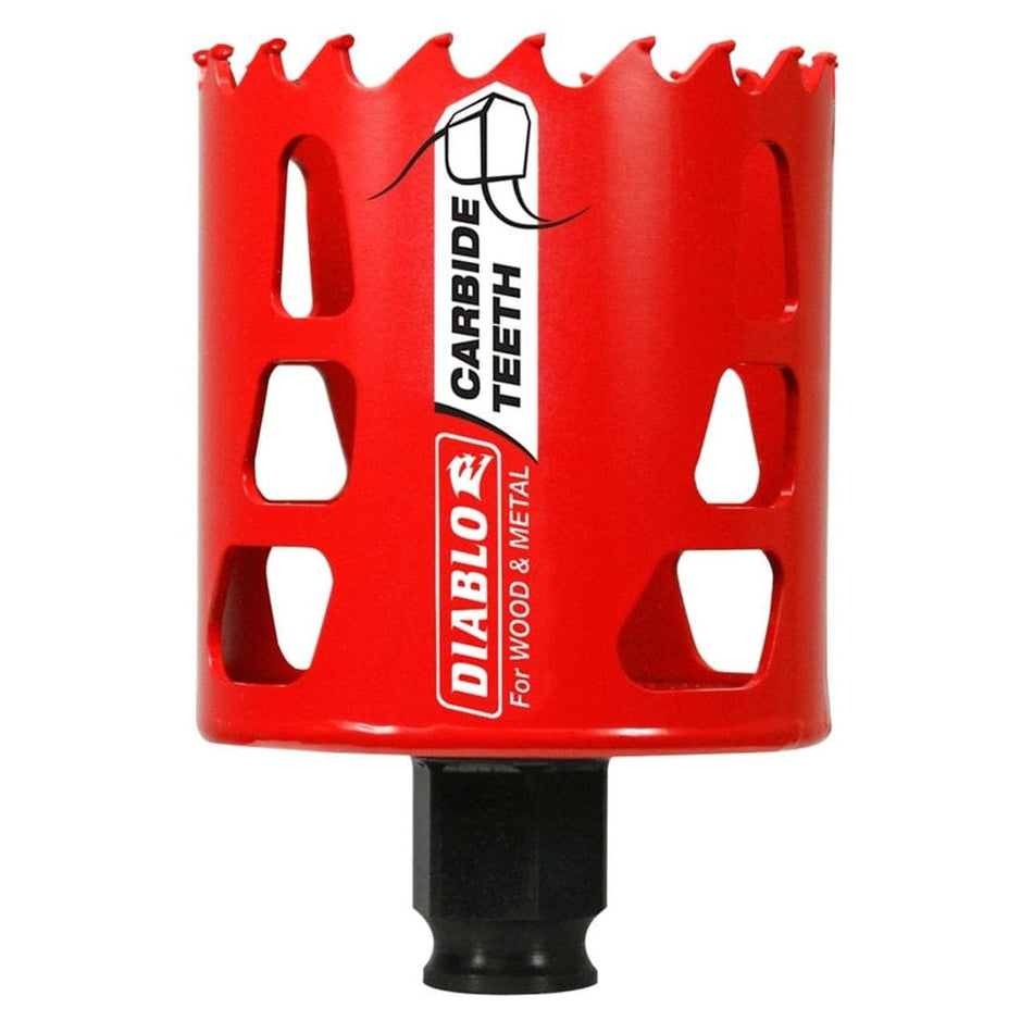 A professional studio shot of the Diablo 2-3/8 inch carbide teeth hole saw, showcasing its bright red cylindrical body with multiple ejection slots and carbide teeth along the rim.