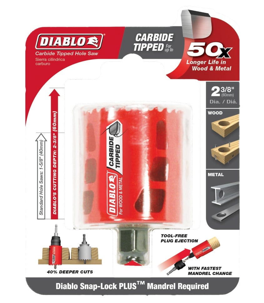 The retail clamshell packaging for the Diablo 2-3/8 inch carbide teeth hole saw, highlighting its 50x longer life and 2-3/8 inch (60mm) cutting depth.