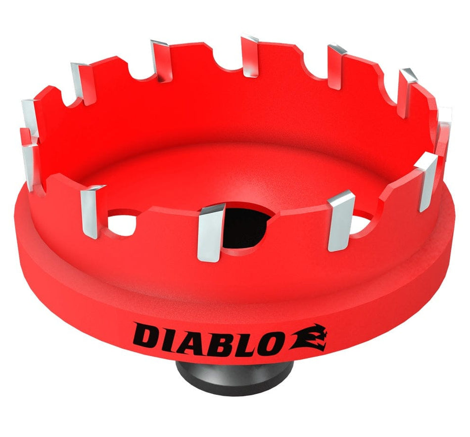Studio view of the red Diablo DHS2500CF 2-1/2 inch Steel Demon carbide hole cutter unit.