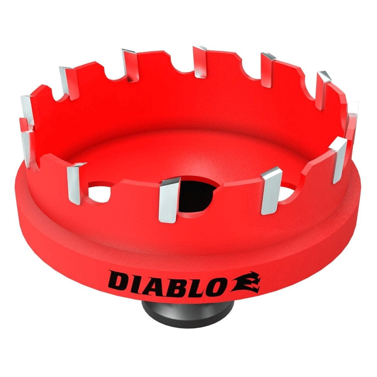 Studio view of the red Diablo DHS2500CF 2-1/2 inch Steel Demon carbide hole cutter unit.