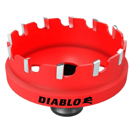 Studio view of the red Diablo DHS2500CF 2-1/2 inch Steel Demon carbide hole cutter unit.