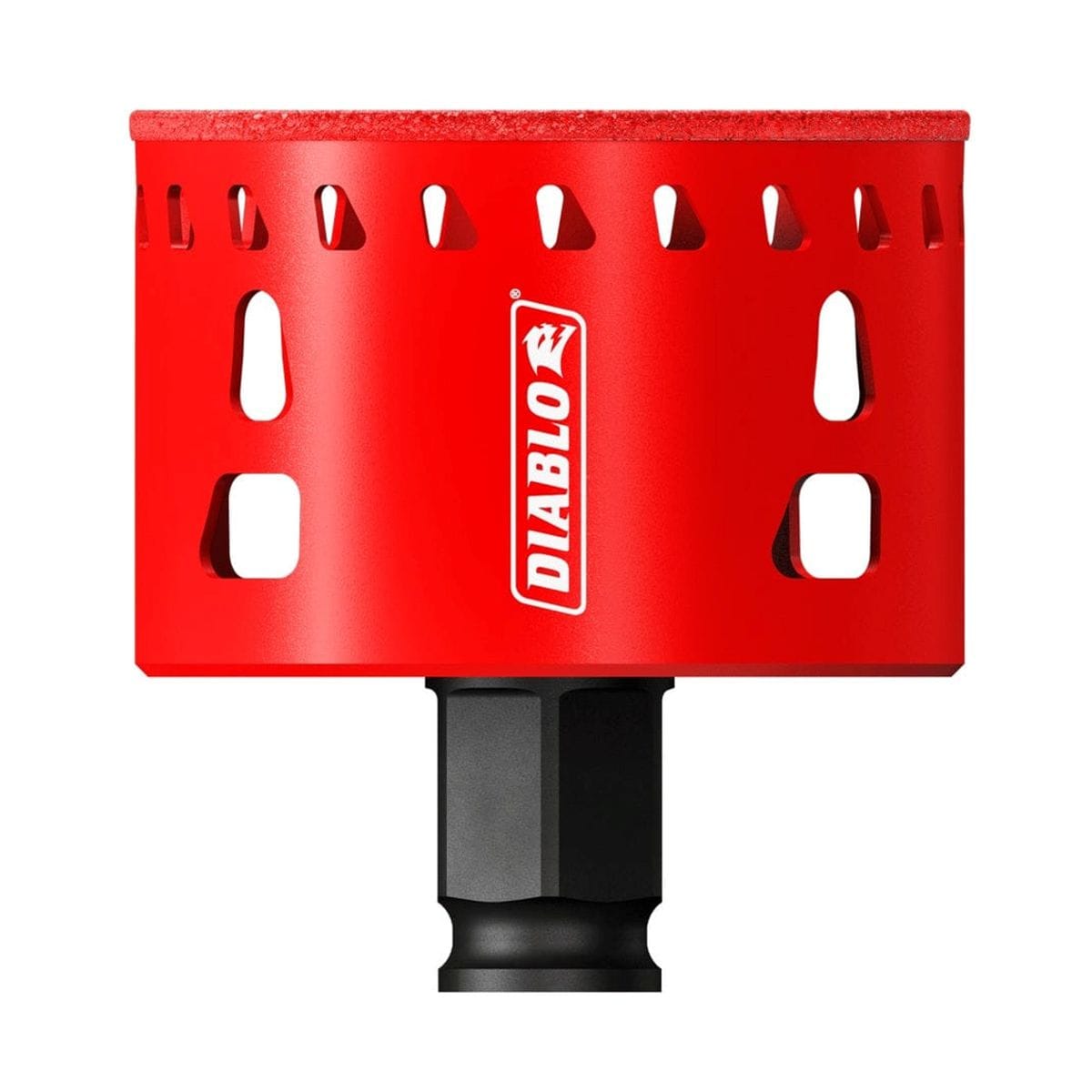 A studio shot of the Diablo 2-1/2 inch diamond grit hole saw featuring a wide, bright red body with multiple ejection slots, a continuous diamond grit cutting edge, and a black hex shank at the base.