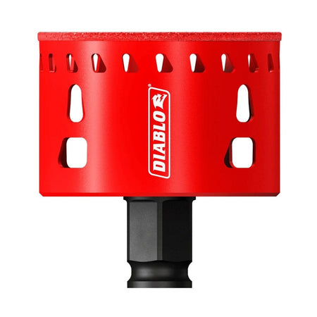 A studio shot of the Diablo 2-1/2 inch diamond grit hole saw featuring a wide, bright red body with multiple ejection slots, a continuous diamond grit cutting edge, and a black hex shank at the base.