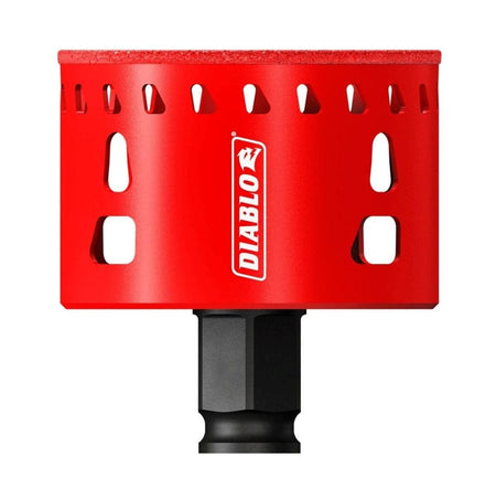 A studio shot of the Diablo 2-1/2 inch diamond grit hole saw featuring a wide, bright red body with multiple ejection slots, a continuous diamond grit cutting edge, and a black hex shank at the base.