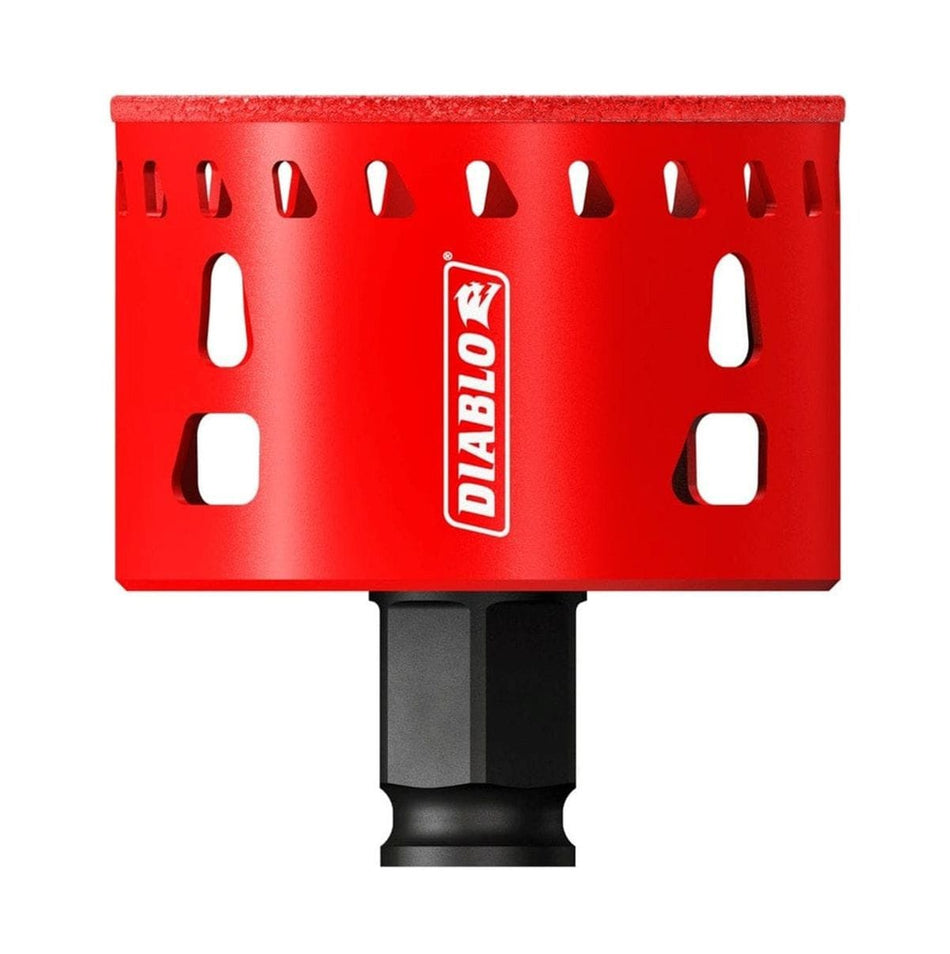 A studio shot of the Diablo 2-1/2 inch diamond grit hole saw featuring a wide, bright red body with multiple ejection slots, a continuous diamond grit cutting edge, and a black hex shank at the base.