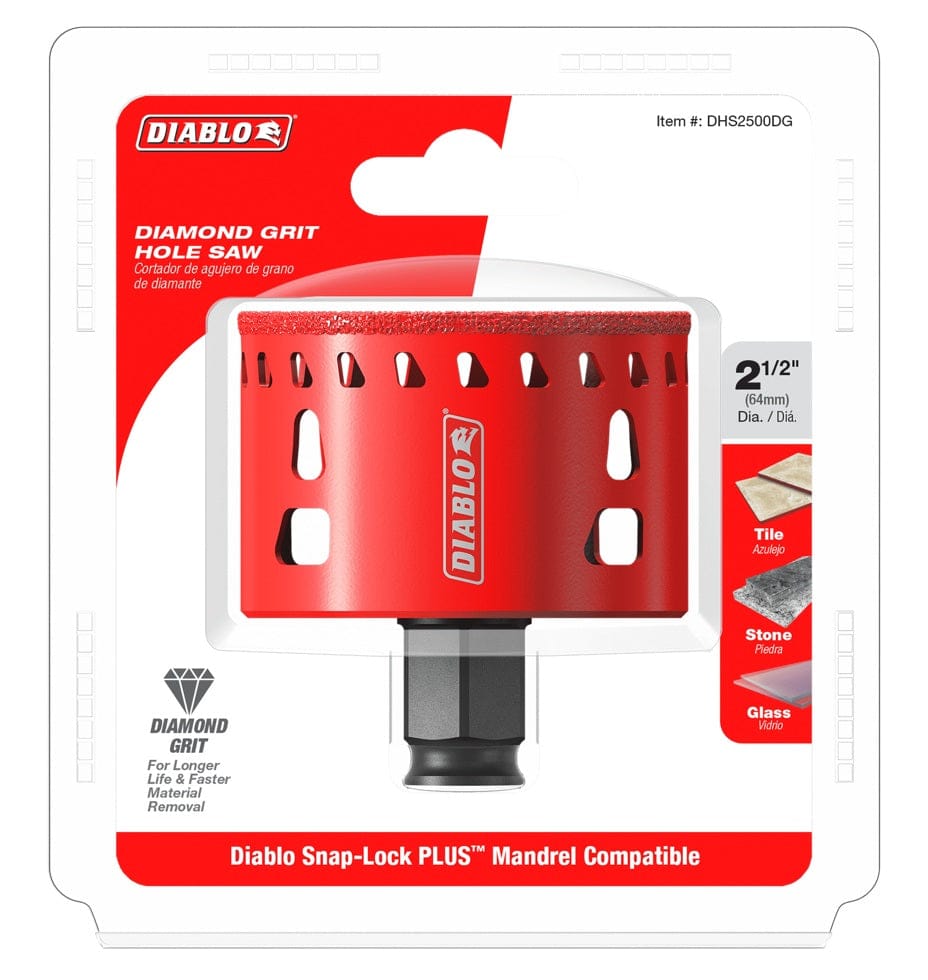 Retail packaging for the Diablo 2-1/2 inch diamond grit hole saw, displaying the red hole saw in a clear plastic shell with diagrams showing its application for tile, stone, and glass materials.