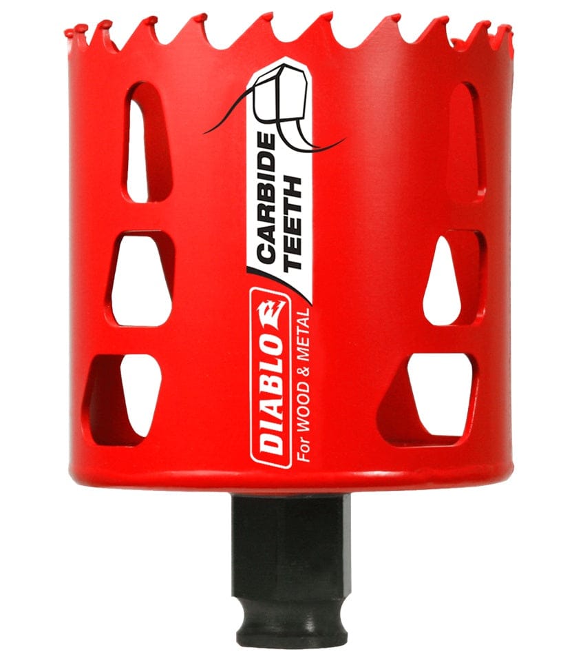 A professional studio shot of the Diablo 2-5/8 inch carbide teeth hole saw. The tool features a wide, bright red cylindrical body with a carbide-tipped cutting rim, multiple vertical ejection slots, and a black base for mandrel connection.