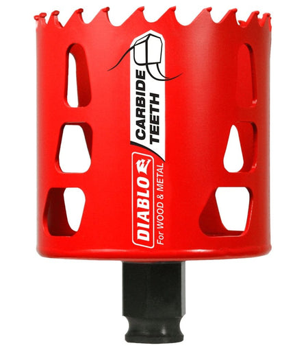 A professional studio shot of the Diablo 2-5/8 inch carbide teeth hole saw. The tool features a wide, bright red cylindrical body with a carbide-tipped cutting rim, multiple vertical ejection slots, and a black base for mandrel connection.