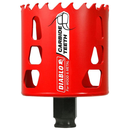 A professional studio shot of the Diablo 2-5/8 inch carbide teeth hole saw. The tool features a wide, bright red cylindrical body with a carbide-tipped cutting rim, multiple vertical ejection slots, and a black base for mandrel connection.