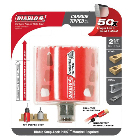 Retail packaging for the Diablo 2-5/8 inch carbide teeth hole saw. The clear clamshell packaging highlights professional performance features including 50x longer life in wood and metal and 40% deeper cuts.