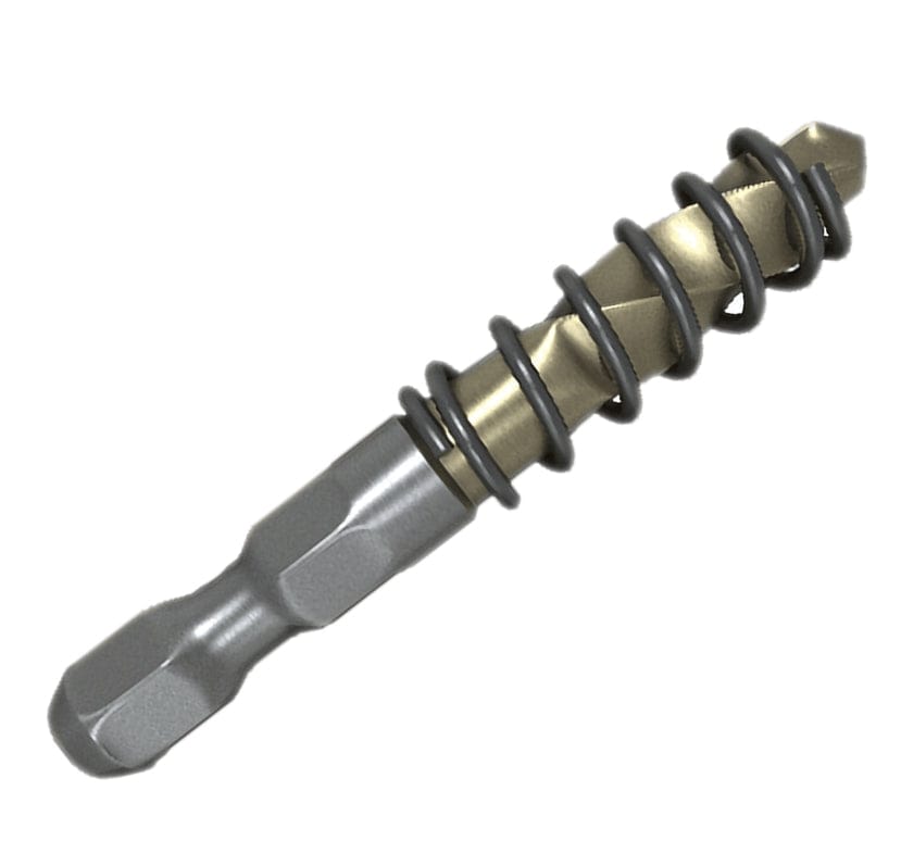 A studio shot of the Diablo 1/4-inch carbide-tipped pilot bit for hole cutters, featuring a conical ejection spring and a hex shank.