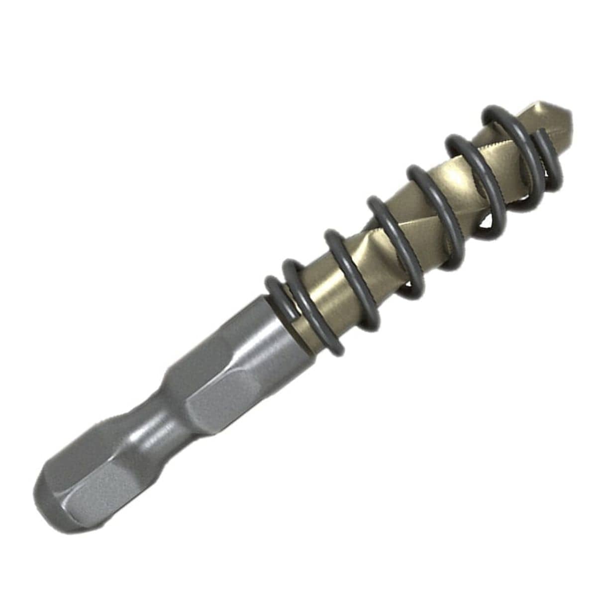A studio shot of the Diablo 1/4-inch carbide-tipped pilot bit for hole cutters, featuring a conical ejection spring and a hex shank.