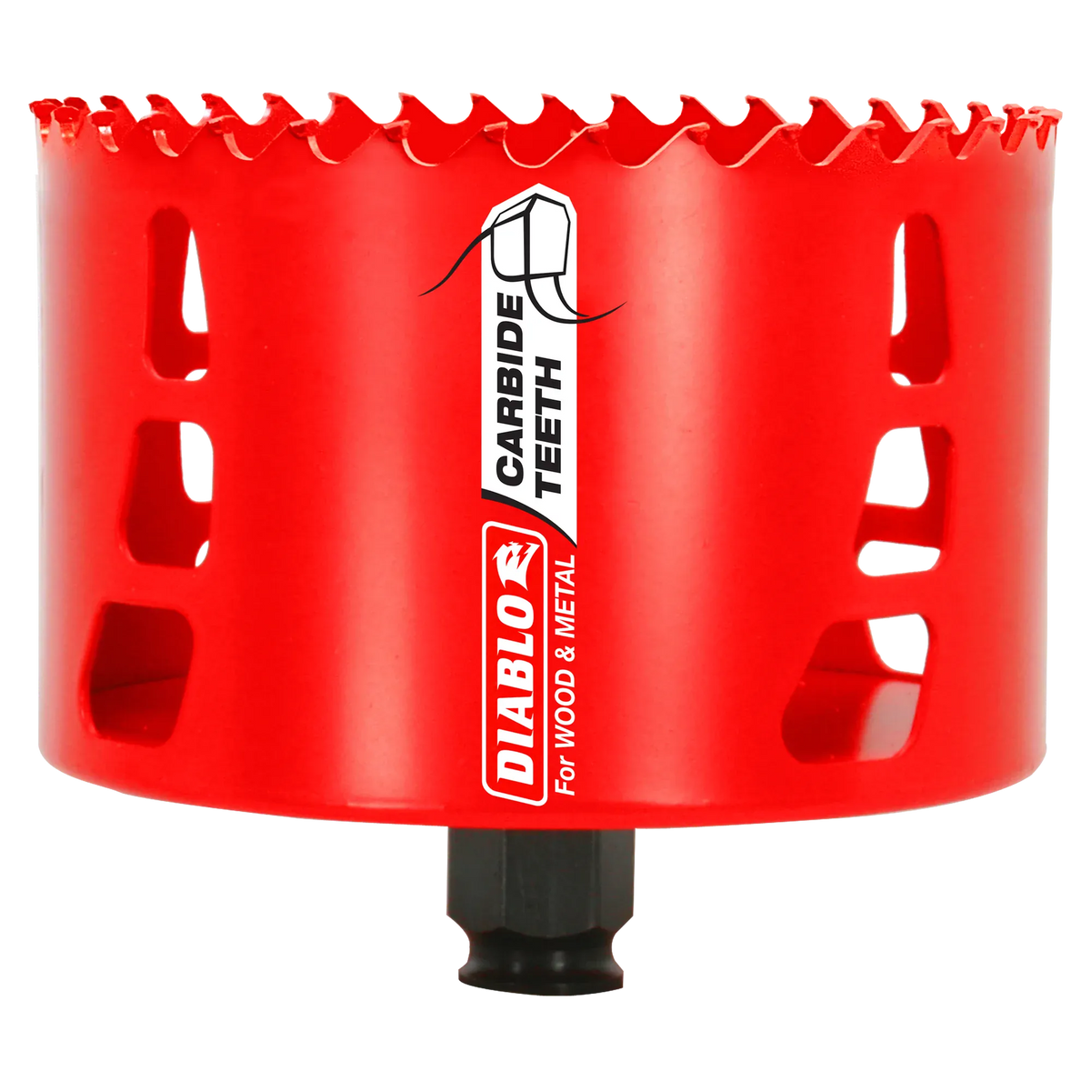 A professional 4-1/8 inch Diablo carbide teeth hole saw for wood and metal featuring a high-visibility red finish and a specialized design for rapid material removal and durability.