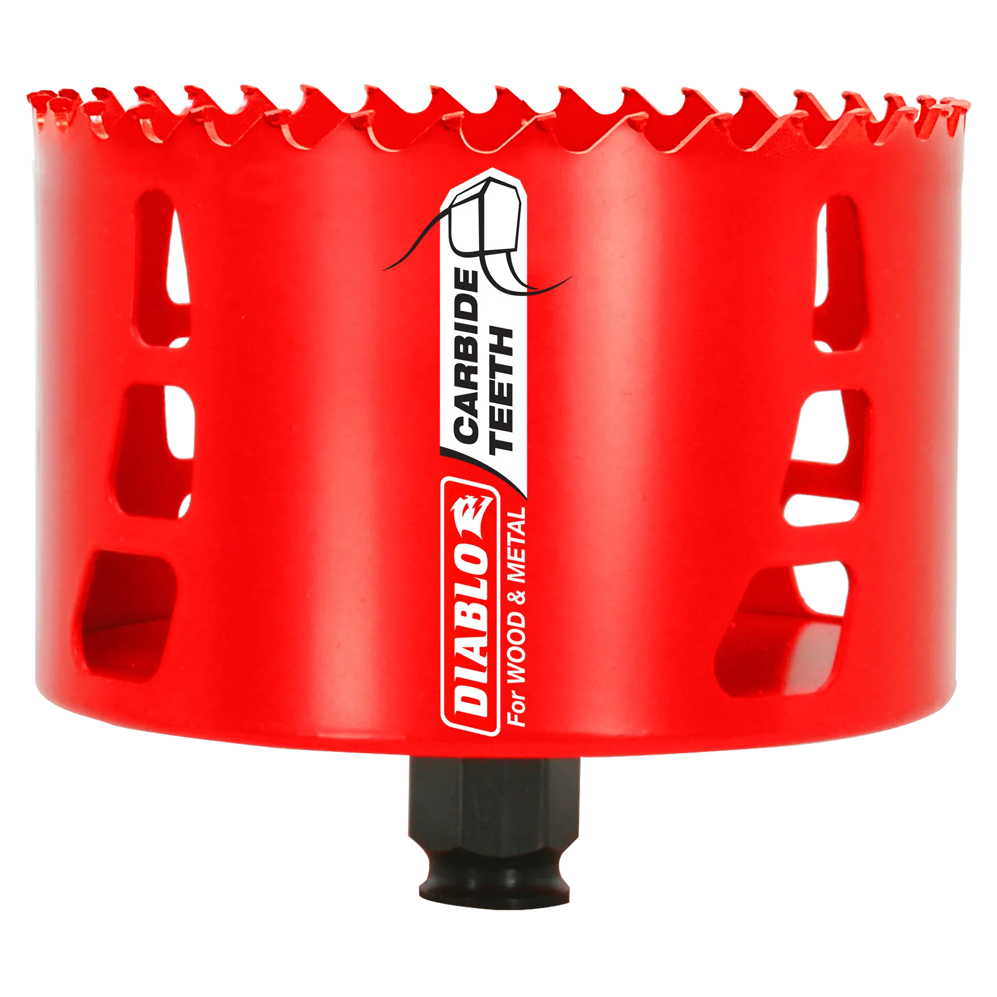 A professional 4-1/8 inch Diablo carbide teeth hole saw for wood and metal featuring a high-visibility red finish and a specialized design for rapid material removal and durability.