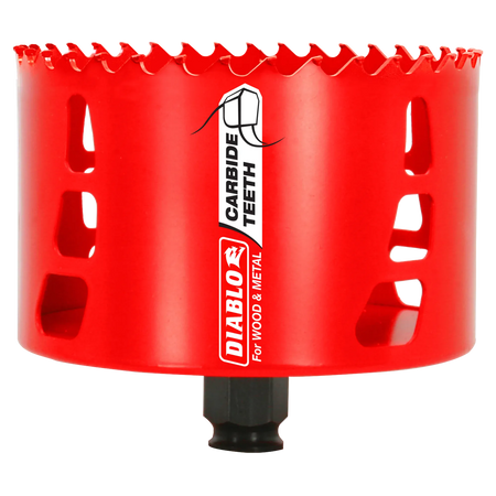A professional 4-1/8 inch Diablo carbide teeth hole saw for wood and metal featuring a high-visibility red finish and a specialized design for rapid material removal and durability.