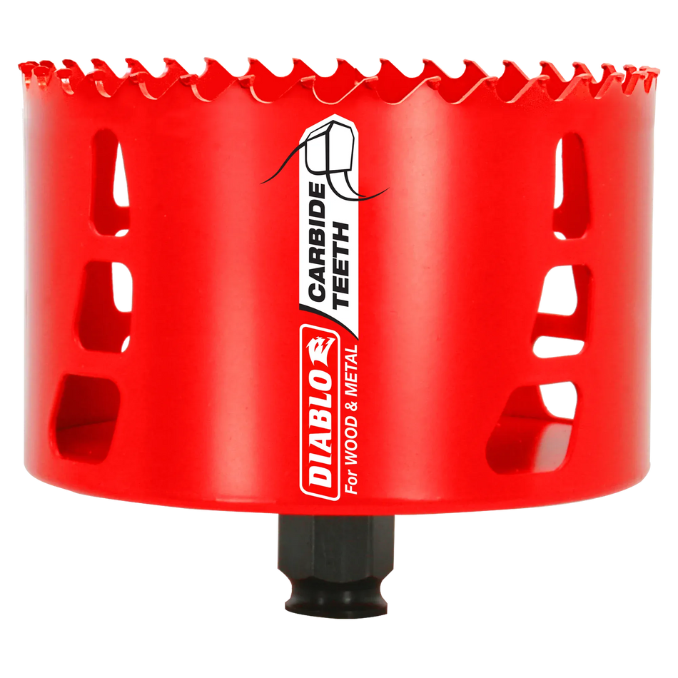 A professional 4-1/8 inch Diablo carbide teeth hole saw for wood and metal featuring a high-visibility red finish and a specialized design for rapid material removal and durability.