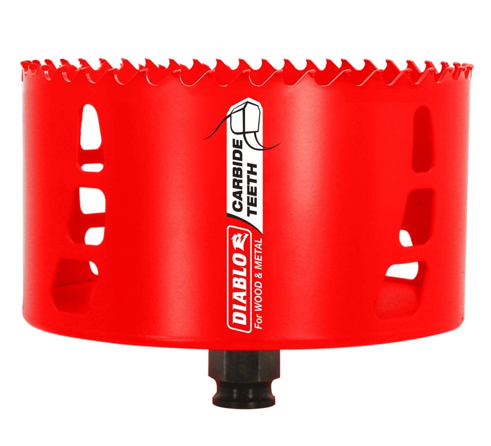 A studio product shot of the Diablo DHS4625CT 4-5/8 inch carbide teeth hole saw. The large, bright red cylindrical tool features high-performance carbide teeth along the rim and multiple vertical ejection slots for efficient material removal.