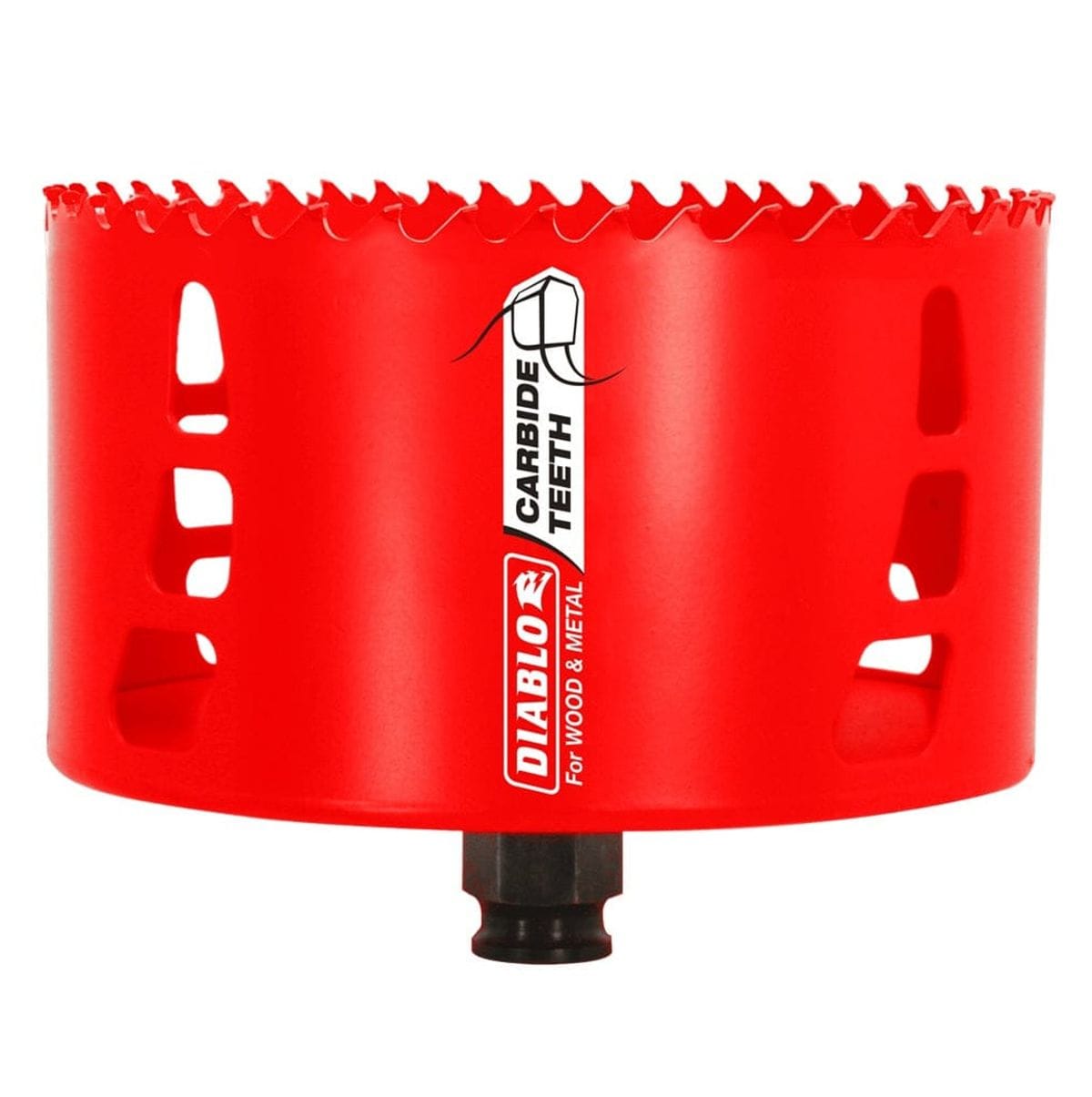 A studio product shot of the Diablo DHS4625CT 4-5/8 inch carbide teeth hole saw. The large, bright red cylindrical tool features high-performance carbide teeth along the rim and multiple vertical ejection slots for efficient material removal.