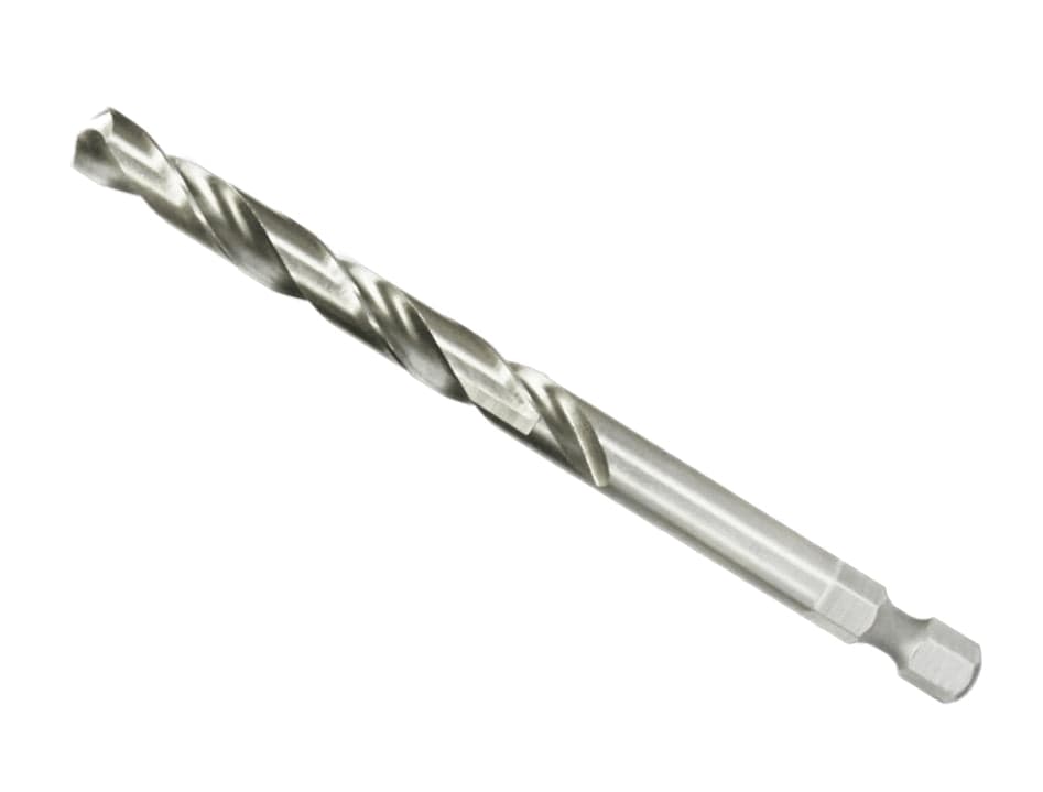 A studio shot of the Diablo 1/4-inch by 3-7/8-inch bi-metal hole saw pilot drill bit, displaying its silver precision-milled flutes and 1/4-inch hex shank.