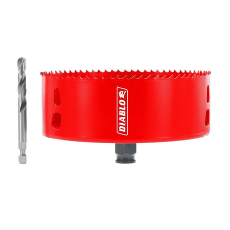 A studio product shot of the Diablo DHS5375RL 5-3/8 inch bi-metal hole saw. The large red cylindrical tool is shown next to its silver pilot drill bit, featuring a variable tooth design along the top rim.