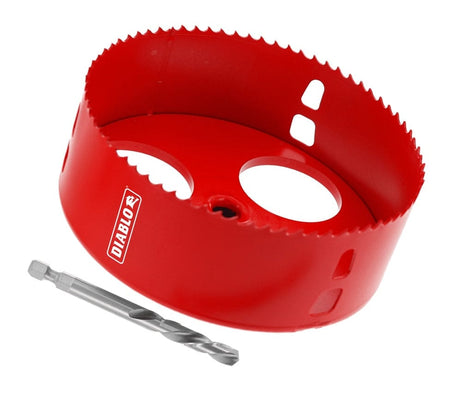 A perspective studio shot of the red Diablo DHS5375RL recessed lighting hole saw shown from above. The image highlights the large 5-3/8 inch diameter cup and the silver pilot drill bit used for stable hole starts.