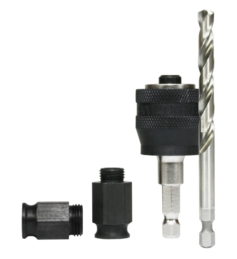 The components of the Diablo DHSAR375 mandrel system, including the Snap-Lock Plus mandrel, a pilot bit, a 1/2-inch adapter nut, and a 5/8-inch adapter nut.
