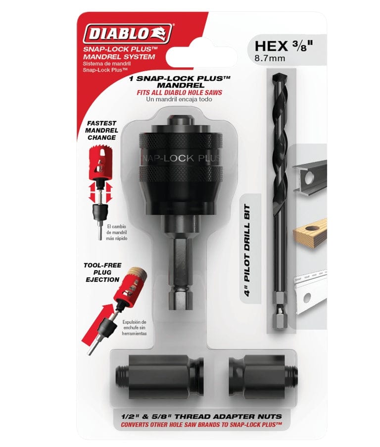 The retail packaging for the Diablo DHSAR375 3/8-inch hex Snap-Lock Plus Mandrel System, showing the mandrel, pilot bit, and two adapter nuts.