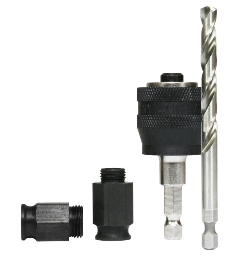 Studio shot of the kit contents showing the black Snap-Lock Plus mandrel, a long silver pilot bit, and two black threaded adapter nuts.