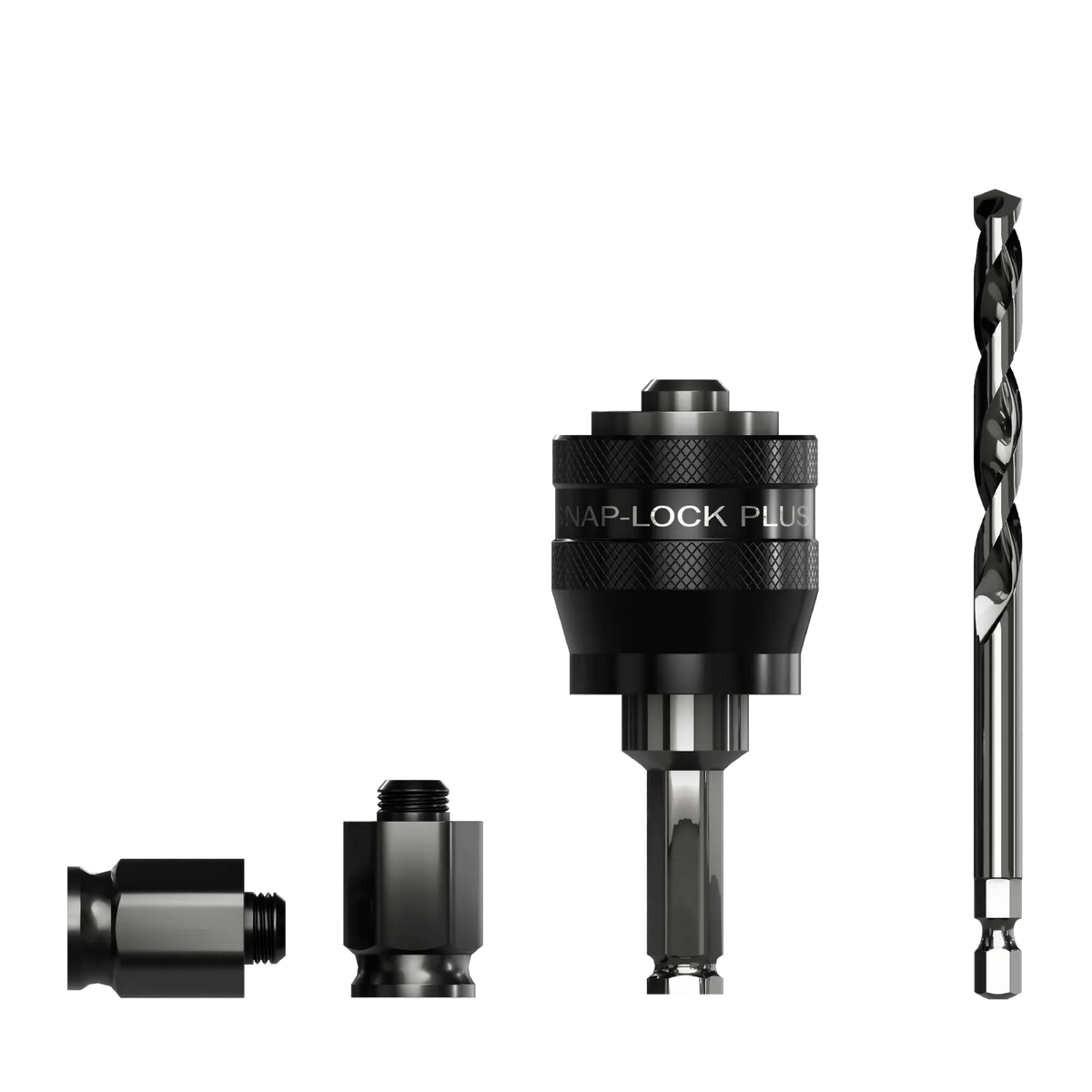 Studio shot of the kit contents showing the black Snap-Lock Plus mandrel, a long silver pilot bit, and two black threaded adapter nuts.